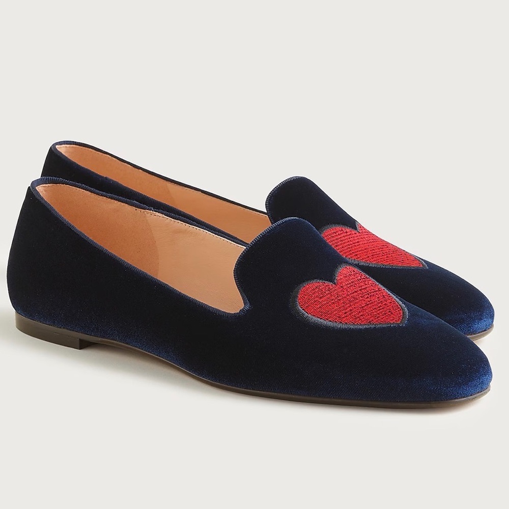 J.Crew Velvet Heart Loafers Navy Red Embroidered Flats Smoking Shoes Size 8